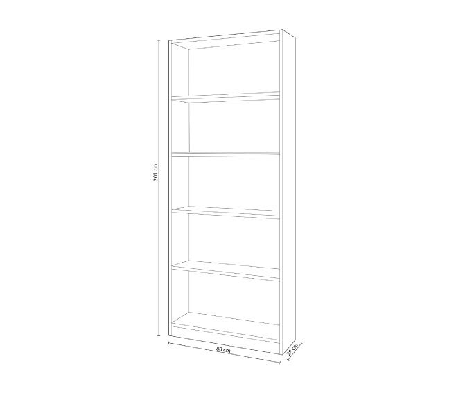 Disegno tecnico della libreria scaffale a 5 ripiani bianco opaco con misure 80 x 201 x 28 cm, ideale per pianificazione arredo casa o ufficio.