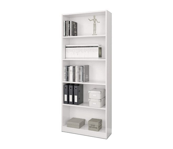 Libreria scaffale a 5 ripiani bianco opaco 80 x 201 x 28 cm con libri, raccoglitori e decorazioni, ideale per ufficio moderno o studio domestico.