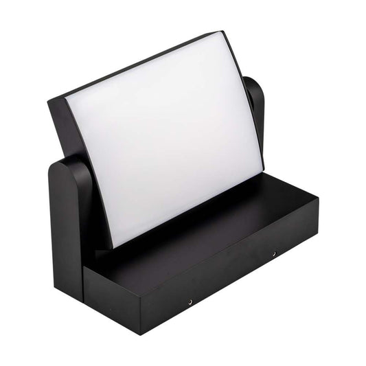 Lampada LED da muro con pannello luminoso bianco, struttura nera resistente all'acqua e polvere IP65, perfetta per illuminazione esterna.
