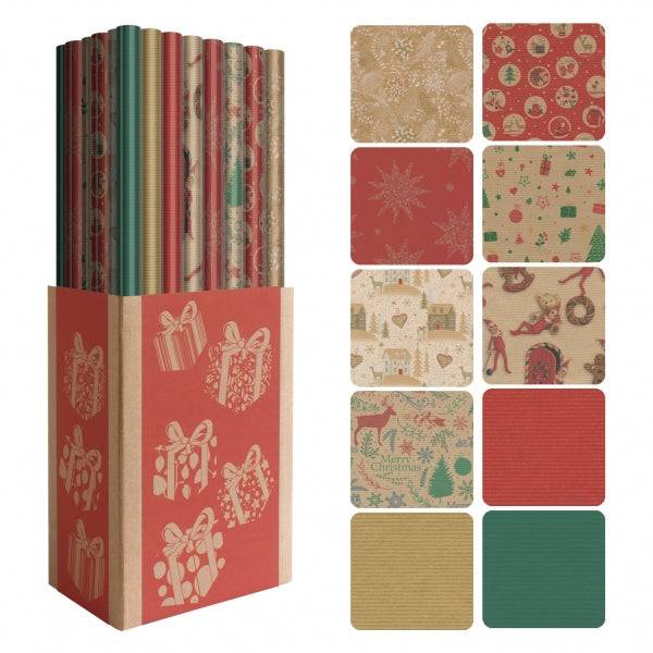 Dohe Natale Kraft Espositore di 50 Rotoli Carta Regalo - 10 Disegni Diversi - 5 Rotoli per Disegno - Misure Rotolo 0.70x2m