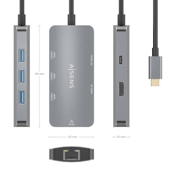 Aisens USB-C Dock 6 in 1 - USB-C a 1xHDMI - 1xRJ45 - 3xUSB-A - 1xUSB-C PD - 15cm - Colore Grigio