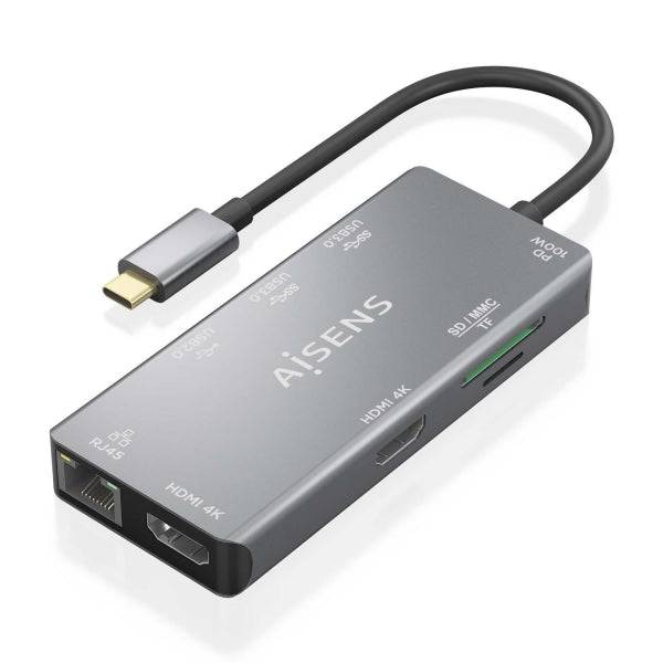 Aisens USB-C Dock 9 in 1 - USB-C a 2xHDMI - 1xRJ45 - 2xUSB-A USB3.0 - 1xUSB-A USB2.0 - 1xUSB-C PD - 1xSD - 1xMicro SD - 15cm - Colore Grigio