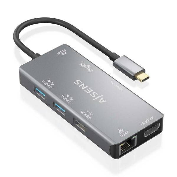 Aisens USB-C Dock 9 in 1 - USB-C a 2xHDMI - 1xRJ45 - 2xUSB-A USB3.0 - 1xUSB-A USB2.0 - 1xUSB-C PD - 1xSD - 1xMicro SD - 15cm - Colore Grigio