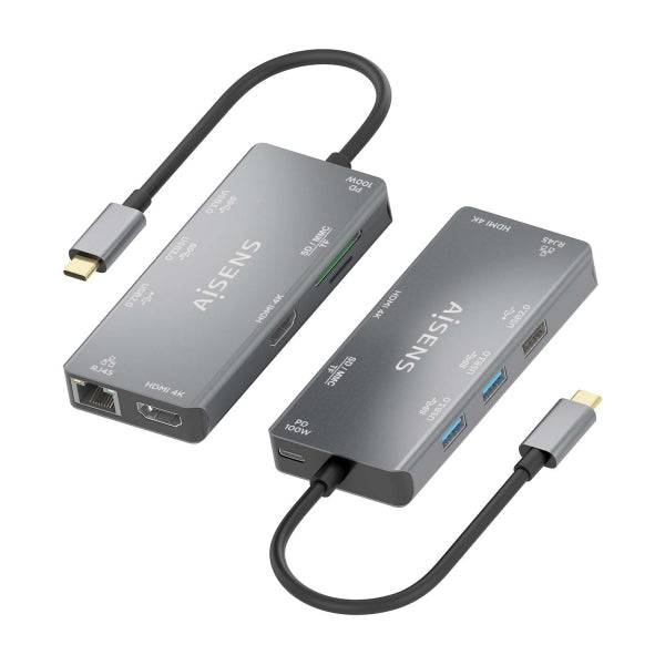 Aisens USB-C Dock 9 in 1 - USB-C a 2xHDMI - 1xRJ45 - 2xUSB-A USB3.0 - 1xUSB-A USB2.0 - 1xUSB-C PD - 1xSD - 1xMicro SD - 15cm - Colore Grigio
