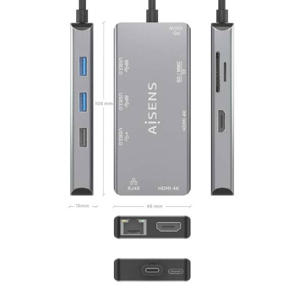 Aisens USB-C Dock 9 in 1 - USB-C a 2xHDMI - 1xRJ45 - 2xUSB-A USB3.0 - 1xUSB-A USB2.0 - 1xUSB-C PD - 1xSD - 1xMicro SD - 15cm - Colore Grigio