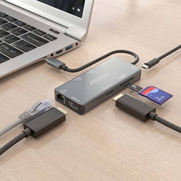 Aisens USB-C Dock 9 in 1 - USB-C a 2xHDMI - 1xRJ45 - 2xUSB-A USB3.0 - 1xUSB-A USB2.0 - 1xUSB-C PD - 1xSD - 1xMicro SD - 15cm - Colore Grigio