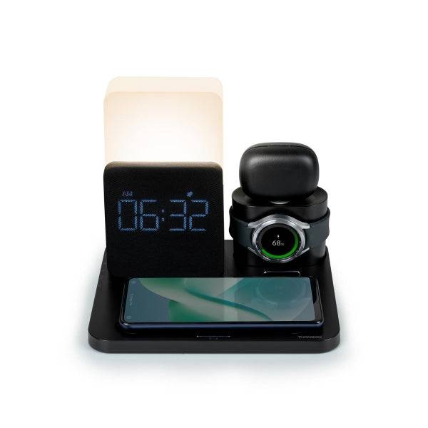 Thomson Sveglia con Stazione di Ricarica Wireless per Smartphone, Smartwatch - Ricarica USB-C per Auricolari - Display LCD - Luce Notturna LED - Colore Nero