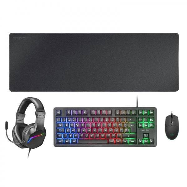 Mars Gaming MCP-RGB3 Combo Gaming 4 in 1 - Tastiera TKL H-Mech LED FRGB - Mouse Ultraleggero RGB 3200 DPI - Cuffie Suono Immersivo - Tappetino XXL - Colore Nero