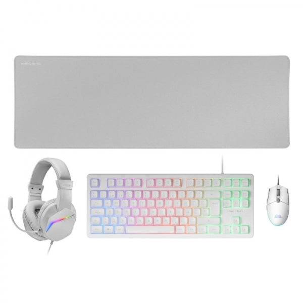 Mars Gaming MCP-RGB3 Combo Gaming 4 in 1 - Tastiera TKL H-Mech FRGB - Mouse RGB 3200 DPI - Cuffie HI-FI Cancellazione Rumore - Tappetino XXL Antiscivolo - Colore Bianco