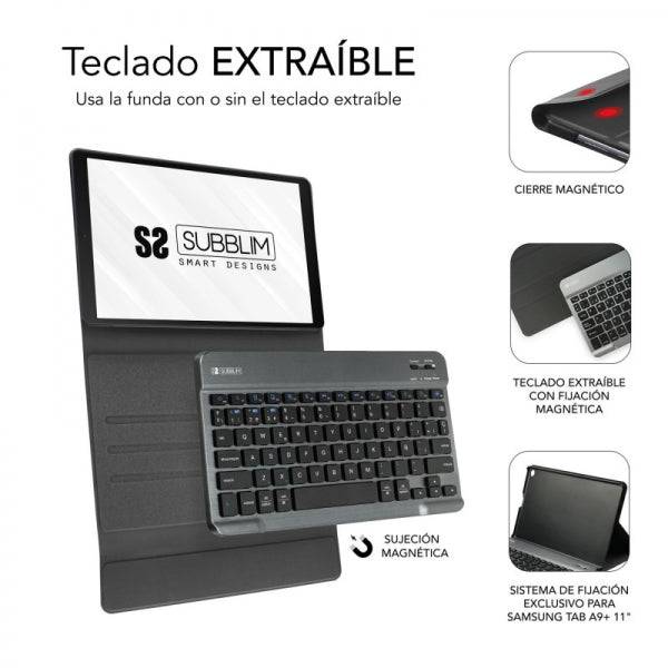 Subblim Keytab Pro BT Custodia Esclusiva + Tastiera per Tablet Samsung Galaxy Tab A9+ 11″ - Tastiera Compatta Bluetooth - Chiusura Magnetica - Connetti fino a 3 Dispositivi - Colore Nero