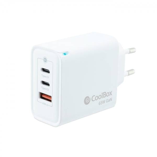 Coolbox Caricabatterie da Parete 65W QC3.0 + PD - USB-A + 2xUSB-C - Ricarica Rapida - Tecnologia GaN - Colore Bianco