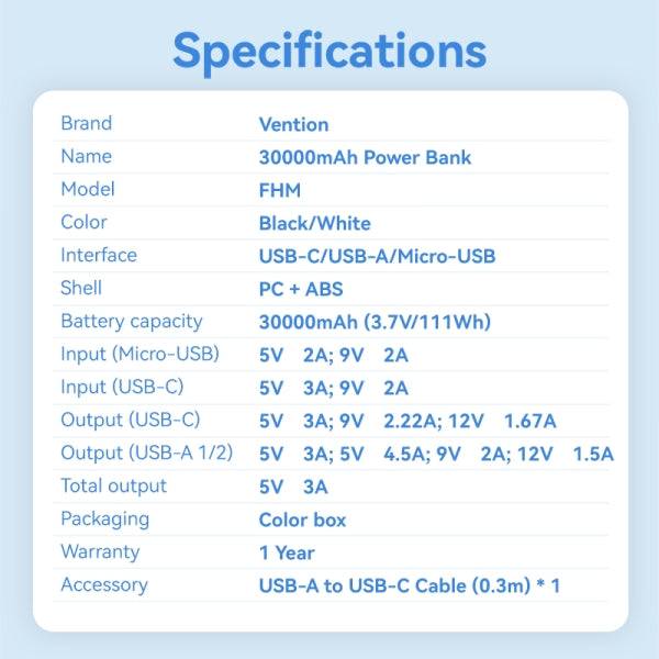 Vention Power Bank 30000mAh - Ricarica Rapida 22.5W - USB-C/USB-A - Display LED - Colore Nero
