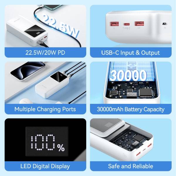 Vention Power Bank 30000mAh - Ricarica Rapida 22.5W - USB-C/USB-A/Micro-USB - Display LED - Leggero e Sicuro - Colore Bianco