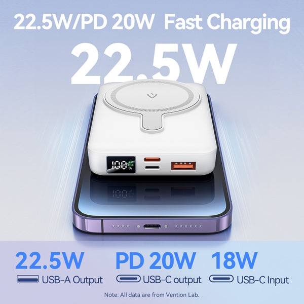 Vention Power Bank Wireless Magnetico 10000 mAh - Display LED - Ricarica Rapida 22.5 W - USB-C/Lightning/USB-A