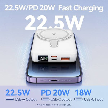 Vention Power Bank Wireless Magnetico 10000 mAh - Display LED - Ricarica Rapida 22.5 W - USB-C/Lightning/USB-A