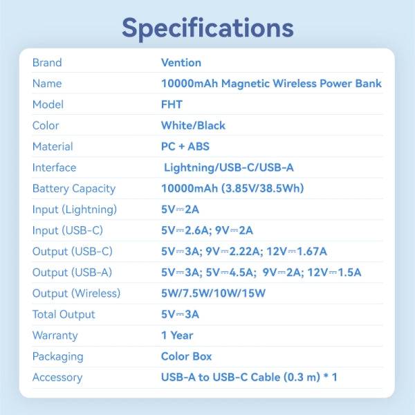 Vention Power Bank Wireless Magnetico 10000 mAh - Display LED - Ricarica Rapida 22.5 W - USB-C/Lightning/USB-A