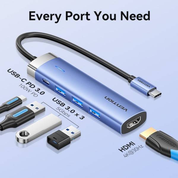 Vention T6E Hub USB-C 5 in 1 - Trasferimento 5 Gbps - Display 4K - Ricarica Veloce 100W - Colore Blu