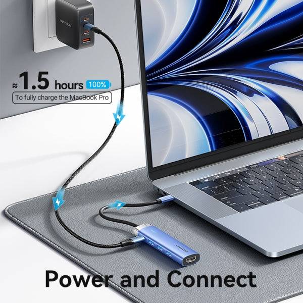 Vention T6E Hub USB-C 5 in 1 - Trasferimento 5 Gbps - Display 4K - Ricarica Veloce 100W - Colore Blu