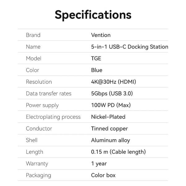 Vention T6E Hub USB-C 5 in 1 - Trasferimento 5 Gbps - Display 4K - Ricarica Veloce 100W - Colore Blu