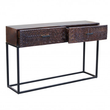 Consolle in legno di mango con decoro wengé e struttura in ferro