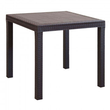 Tavolo Dallas 80 x 80 con struttura in plastica stampata effetto wicker, ideale per arredare spazi esterni con stile moderno e resistente.