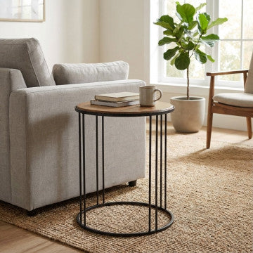 Tavolino in ferro e legno, piano quadrato 56x56 cm, altezza 66,5 cm