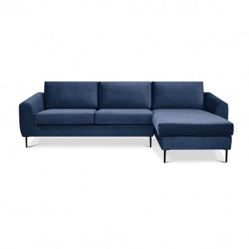 Divano con chaise longue in tessuto blu, gambe in metallo