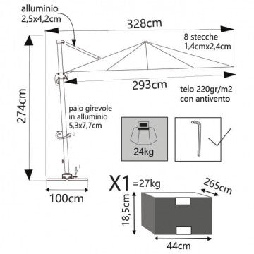 Ombrellone rettangolare 3x4 m telo poliestere 250 gr antivento
