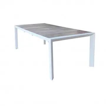 Tavolo Portland 175/235 X 100 bianco con piano effetto legno, perfetto per spazi esterni. Struttura robusta e stile elegante.