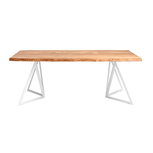 Tavolo da pranzo in quercia bianca con piano in legno naturale e gambe in metallo bianco, design moderno ed elegante, dimensioni 200x100 cm.