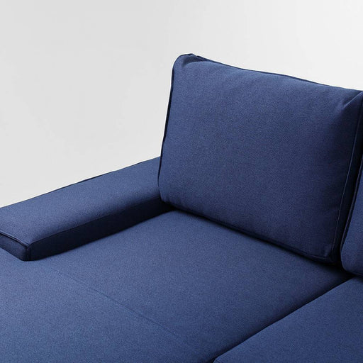 Dettaglio del divano angolare in tessuto blu, con bracciolo imbottito e seduta spaziosa, stile contemporaneo, SKU: SF037FLOPP-L-ET80