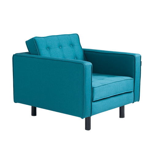 Poltrona in tessuto blu con design elegante, struttura in legno e imbottitura confortevole, ideale per soggiorno o studio.