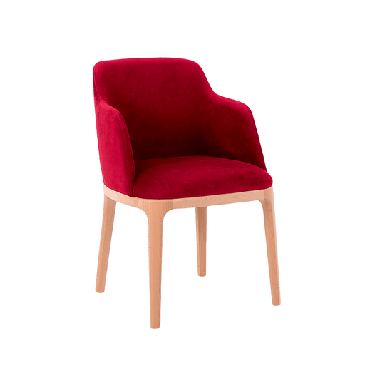 Sedia vintage con braccioli in velluto color cranberries, struttura in legno chiaro, ideale per ambienti eleganti e accoglienti