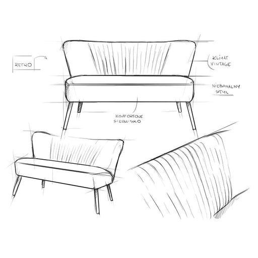 Schizzo del design del divano Harry con dettagli vintage, struttura comoda e gambe in legno, bozza a mano, stile retrò, SKU: SF041HAR2-RV96