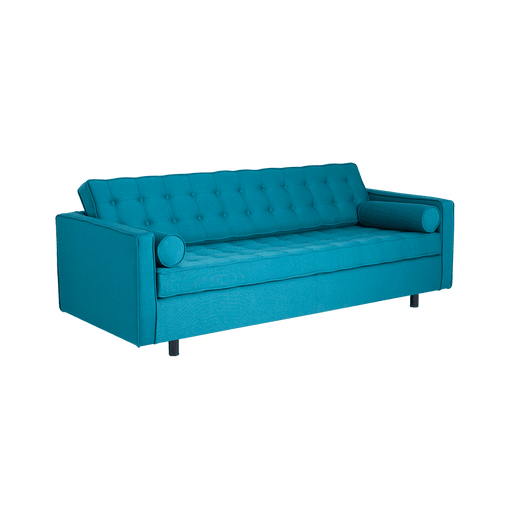 Divano letto 3 posti in tessuto blu con schienale imbottito, braccioli cilindrici coordinati e gambe nere, ideale per soggiorno.