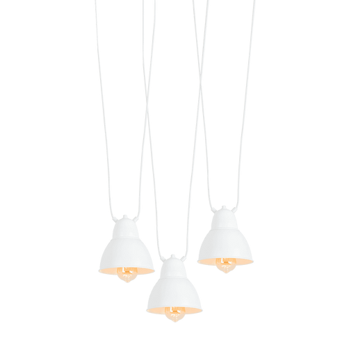 Lampada da soffitto bianca Coben con design minimalista, tre luci pendenti con paralumi in metallo bianco, ideale per ambienti moderni