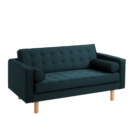 Divano letto 2 posti in tessuto Deep Sea, struttura in legno naturale, con trapuntatura elegante e cuscini cilindrici, ideale per soggiorno moderno