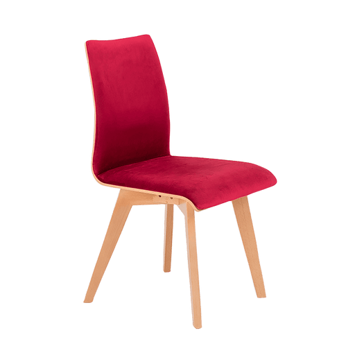 Sedia design con struttura in legno chiaro, rivestimento in velluto rosso mirtillo, schiena alta e seduta comoda, ideale per sala da pranzo o ufficio - SKU: CH006ROE-RV61