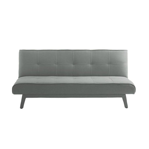 Vista frontale del divano letto 2 posti in tessuto grigio, con design minimalista e struttura robusta, perfetto per ambienti moderni