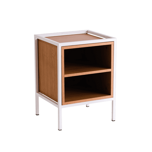 Scaffale modulare bianco con ripiano in legno naturale, struttura robusta in metallo bianco, ideale come mobile portaoggetti in ambienti moderni