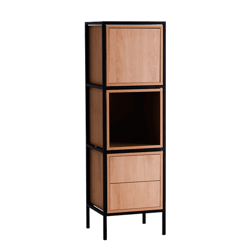 Mobile modulare in legno naturale con struttura in metallo nero, tre scomparti con ante e apertura a cassetto, ideale per interni moderni