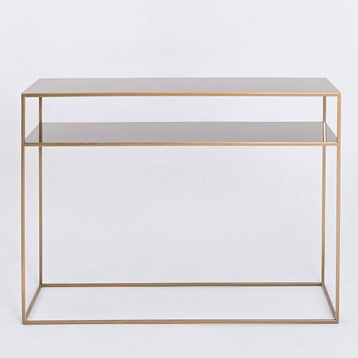 Console TENSIO 2 in metallo oro con ripiano superiore e inferiore in vetro, design minimalista e elegante per ambienti moderni.