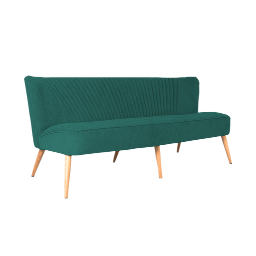 Divano tre posti stile retro con rivestimento in tessuto verde avocado, gambe in legno chiaro, design scandinavo, dimensioni 72x65x180 cm