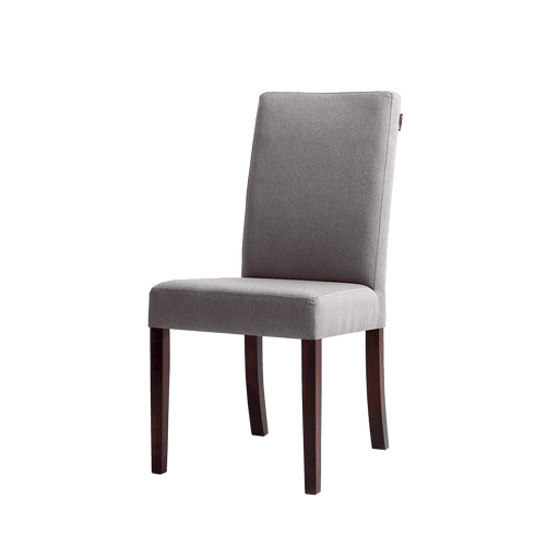 Sedia moderna Wilton 98 con rivestimento in tessuto grigio chiaro, struttura in legno noce scuro, ideale per sala da pranzo elegante.