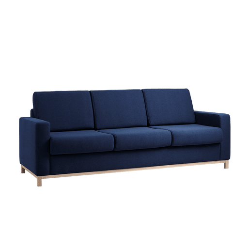 Divano letto 3 posti in tessuto blu scuro con struttura in legno chiaro, design contemporaneo, ideale per soggiorno e spazio living.