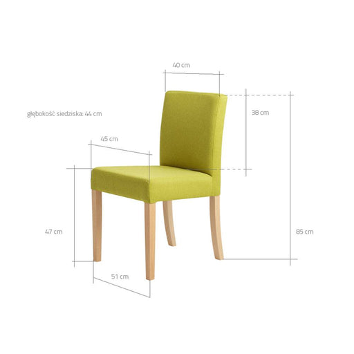 Dimensioni e dettagli della sedia in legno naturale con seduta e schiena imbottite, altezza totale 85 cm, seduta 44 cm di profondità.