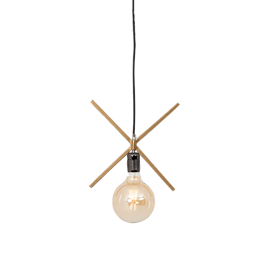 Lampada da soffitto moderna con struttura in legno e lampadina a vista, design minimalista e funzionale, ideale per ambienti contemporanei.