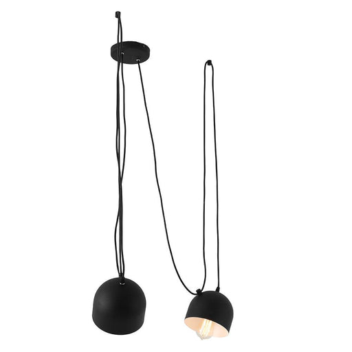 Lampada da soffitto moderna nera con design minimalista, due pendenti con cavi neri e diffusori in metallo, ideale per interni contemporanei