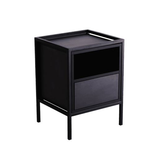 Cassetto SKAP Black 1R1 in legno e metallo nero, con cassetto superiore aperto e spazio sottostante, design moderno e funzionale