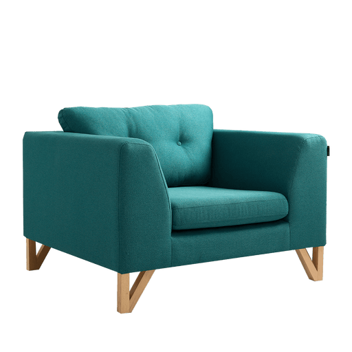 Poltrona WILLY in tessuto blu con struttura in legno naturale, design scandinavo, dimensioni 68x97x110 cm, ideale per soggiorno.